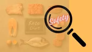 Keto diet foods with safety magnifying glass concept.