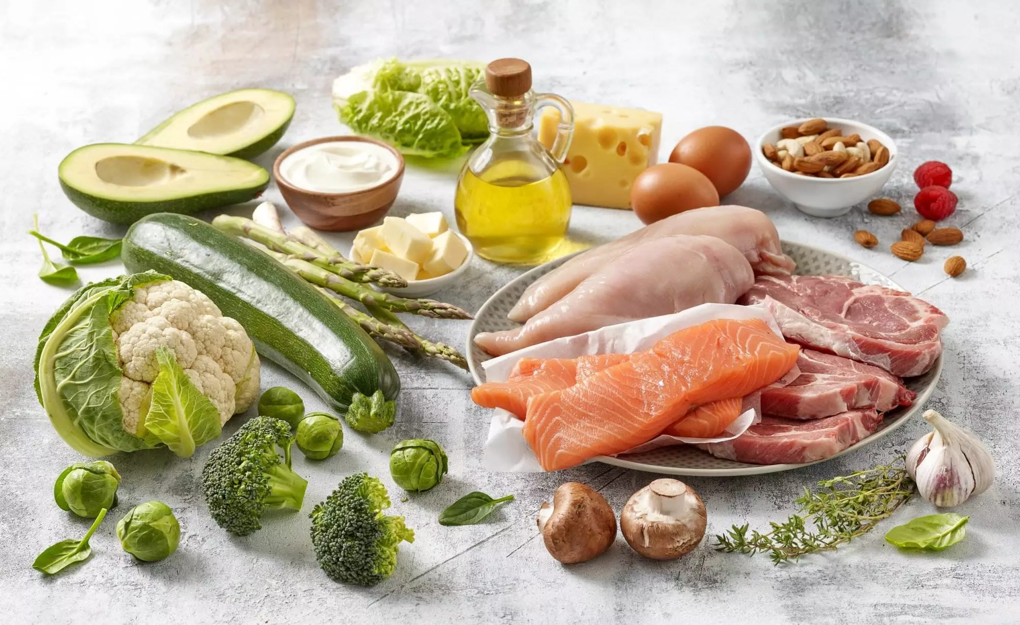 Variety of fresh ketogenic diet ingredients.