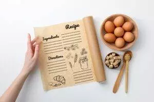 Blank recipe template with ingredients on white background.