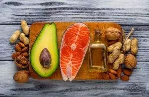 Healthy fats: avocado, salmon, nuts, and olive oil.