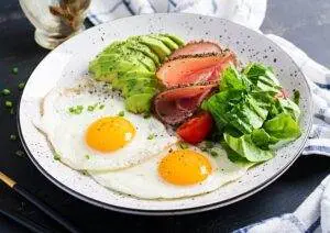 Healthy avocado egg breakfast plate.