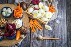 Healthy boiled eggs and vegetable snacks.