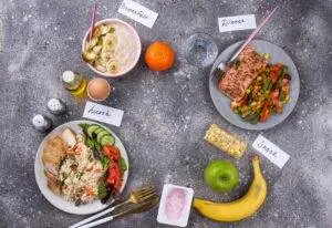 Daily meal plan with labeled breakfast, lunch, dinner, snack.