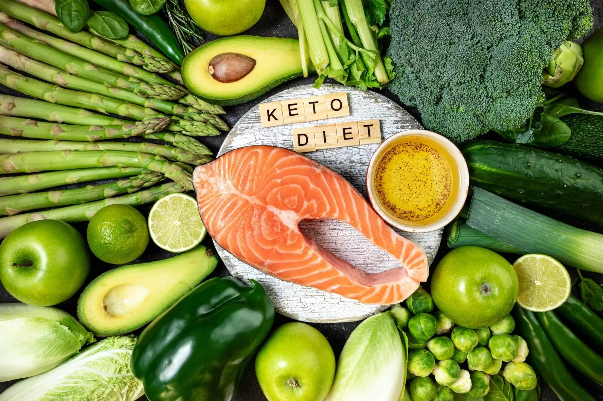 Keto diet concept with salmon and green vegetables.
