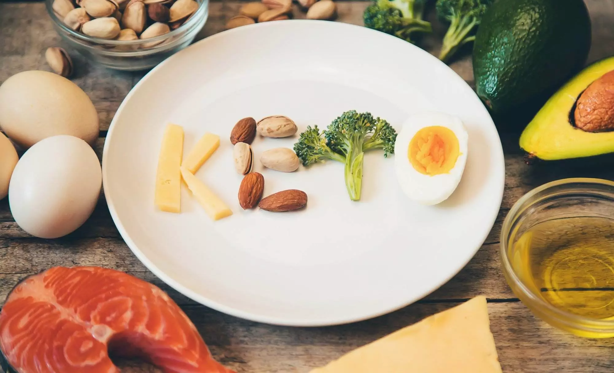 Healthy foods spelling KETO on plate
