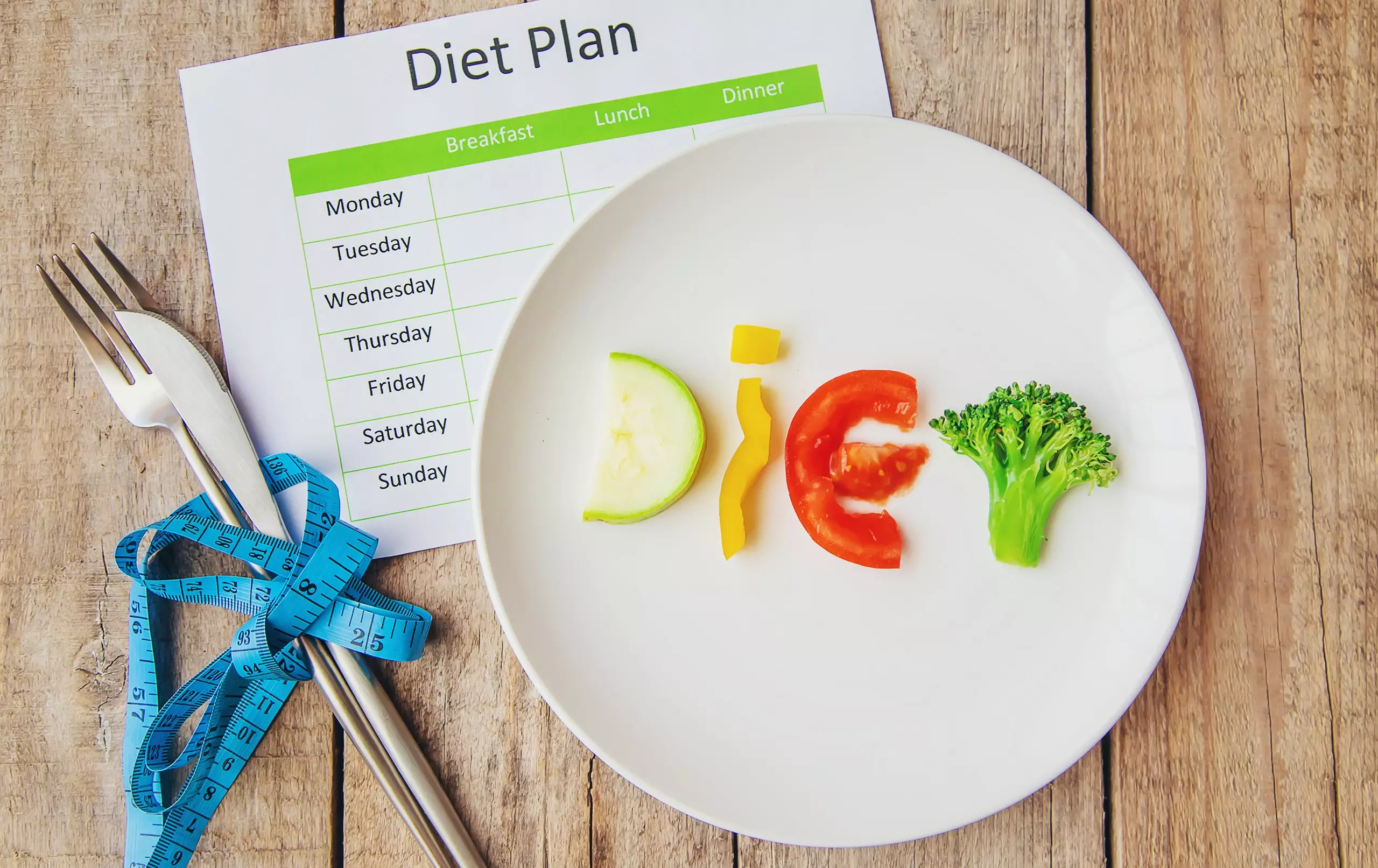 Diet plan sheet with vegetables on plate and tape measure.