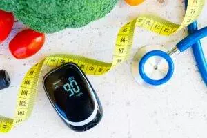 Health monitoring: glucometer, vegetables, measuring tape, stethoscope. Healthy diet.