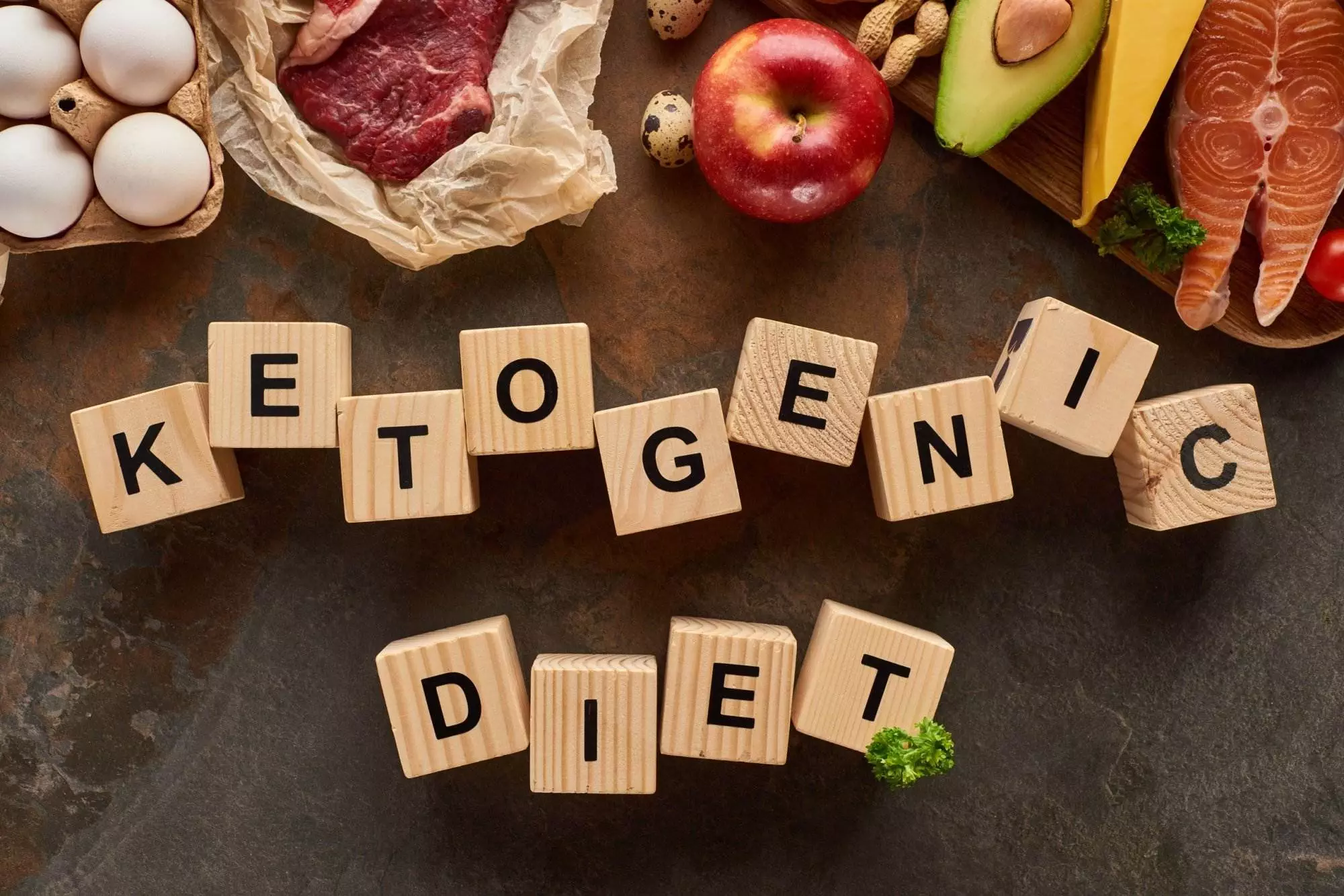 Ketogenic diet concept with healthy food and wooden letters