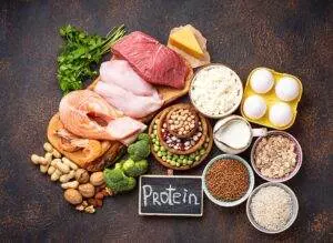 Variety of high-protein foods and ingredients.