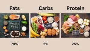 Macronutrient foods with percentages: Fats 70%, Carbs 5%, Protein 25%.