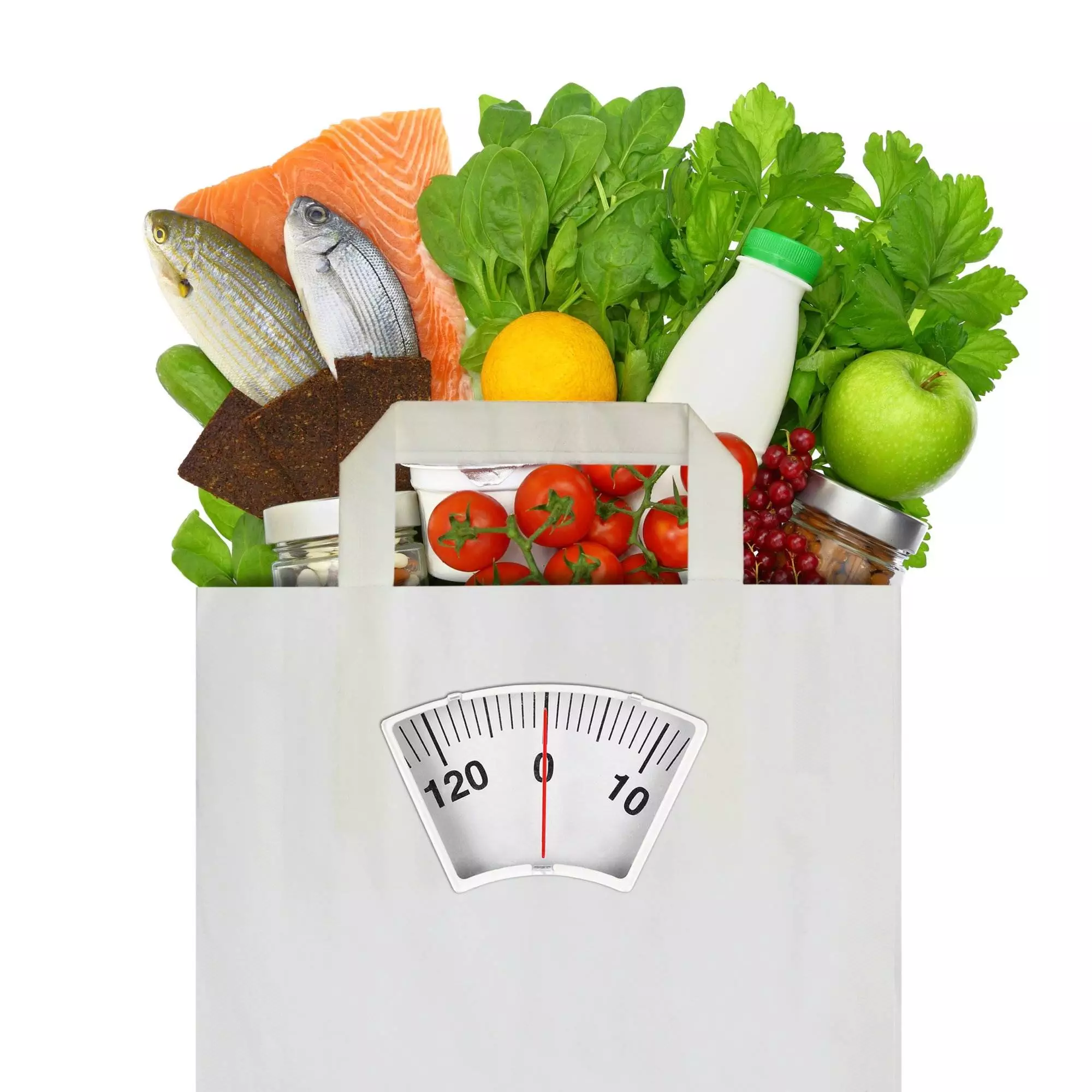 Healthy food on scale symbolizing diet and weight loss.