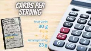 Nutrition label and calculator showing net carbs per serving.