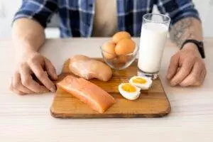 High protein foods on wooden cutting board